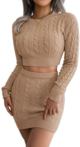 PNZLZIA Conjunto de Minifalda de suéter Ajustado Sexy para Mujer, Conjunto de Falda de suéter de Punto con Cable para Mujer, Conjunto de Minifalda de Punto (Small,Khaki)