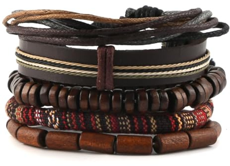 HZMAN Bracciali avvolgenti da uomo e da donna, corde di canapa, perle di legno, etniche tribali bracciali in pelle, 15 - 25 cm, Pelle, Senza Gemstone