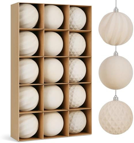 Miaikoe 15 Stück Samt Weihnachtskugeln hängende Ornamente Set, vorgebunden zerstörungsdicht Plastik Flocked Weihnachtskugeln Weihnachtsdekorationen Festival Feiertag Party Dekor (Beige, 8CM)