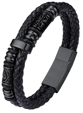 Bestyle Bracelet en PU Cuir Homme Fermoir Magnétique, Viking Celtique Amulette Bracelet Noir Cadeau de Sport Anniversaire 23cm