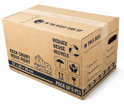 BH | Large Cardboard Moving Boxes | 5-Pack | 52cm x 30cm x 30cm | 47 Litres | Strong Reusable Packing Boxes | House Moving Packing with Carry Handles and Room List Checkboxes - by Best House