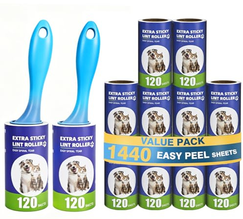 1440 Hojas Quita Pelos Mascota,12 Rollos+2 Mangos,Rodillo Quitapelusas Super Adhesivo para Pelo de Mascotas,lint Roller para Ropa, Sofá, Cama, Pelo De Gato, Rodillo Quitapelos Mascotas