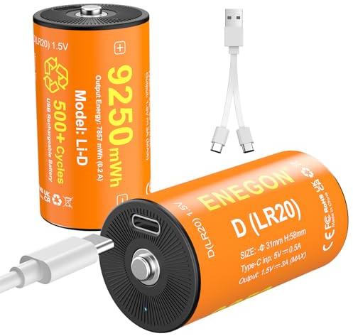 ENEGON Set di 2 batterie ricaricabili a D, 9250 mWh, 1,5 V, agli ioni di litio LR20, con cavo di ricarica USB-C, adatte per lampade da campeggio, luci a LED, giocattoli e illuminazione di emergenza