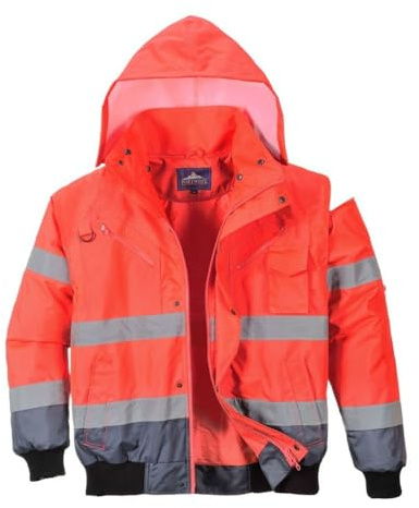 Portwest C465 Hi-Vis 3-in-1 Waterproof Contrast Hooded Bomber Jacket with Pockets - Reflective Outdoor Safety Security Workwear Coat, Red/Navy, S