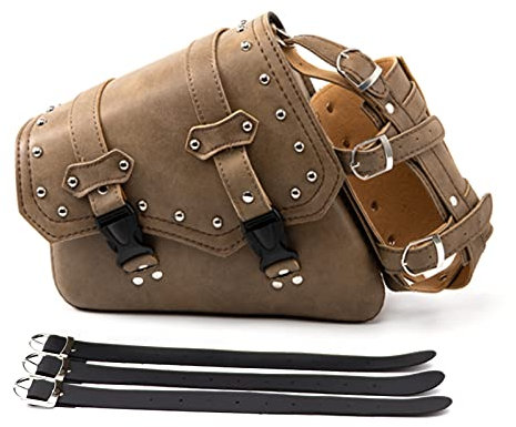 APEBAZY Motorrad-Satteltaschen - Braunes PU-Leder Schwingentasche Seitentaschen Dreieckige Gepäcktasche mit großem Fassungsvermögen und Wasserflaschenhalter - Linke Seite
