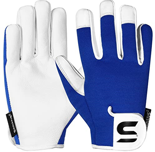 SAWANS Leder-Gartenhandschuhe für Damen und Herren, dornensichere Gartenhandschuhe für Damen und Herren, ideales Gartengeschenk, langlebige Ziegenleder-Arbeitshandschuhe (Blau, M)