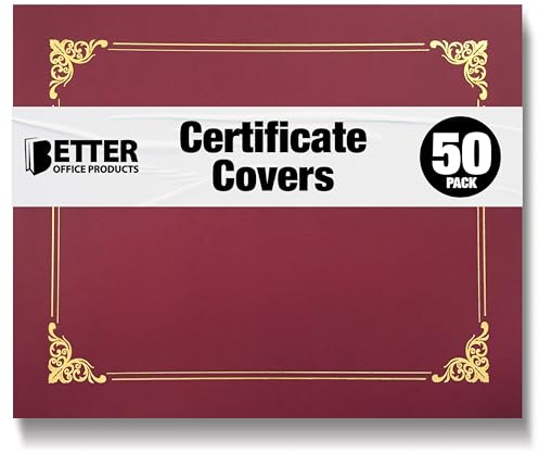 50 Pack Certificate Holders, Diploma Holders, Document Covers with Gold Foil Border, by Better Office Products, for Letter Size Paper, 50 Count (Crimson Red)