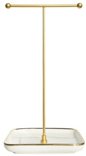 Jewellery Stand Holder - Ceramic Base Square (6 inches/15cm side length), 1ft/30cm Height Necklace Organiser, Jewelry Display for Necklace, Bracelets, Rings, Earring, and Pendants-Claasic White