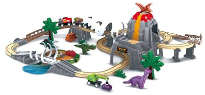 Hape Dino-Eisenbahn-Abenteuer – 23-teiliges Holz-Eisenbahnset mit Dinos, Brücke und Zubehör, leuchtet im Dunkeln, ab 18 Monaten