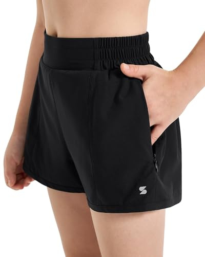Stelle Girl's Athletic Shorts with Liner Zipper Pockets Elastic Waist Running Shorts Sports Active Shorts for Teen Kids(Black,L)