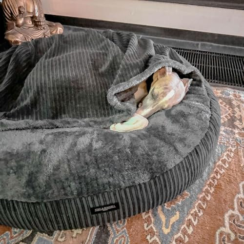 EDEL&SCHNELL orthopädisches Hundebett mit waschbarem Bezug, rundes Hundekissen in Sand mit Cord Bezug in Dunkelgrau mit Kapuze, Durchmesser 65 cm