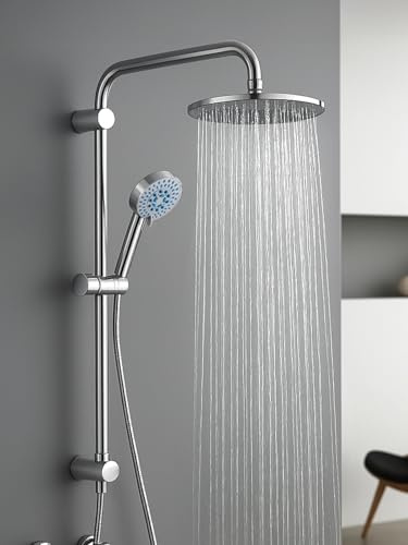 KingSaid Colonne De Douche Chromée 8 Avec Pommeau De Pluie, Structure En Laiton, Barre De Colonne De Douche Thermostatique 93,5 cm, Réglable Et Facile à Installer (Rond)