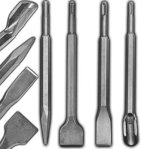 Retoo SDS Plus Meißel-Set, 4-teilig 250mm Meißel aus Verstärkter Legierter Stahl, Flachmeißel, Fliesenmeißel, Spitzmeißel, Universal, Vibrationsfest, Kompatibel für Schlaghämmer Verschiedener Marken