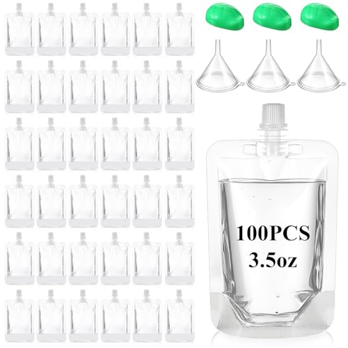 Oqqlin 100 Pcs Plastic Drink Pouches Bulk, 3.5 Oz Reusable Clear Squeeze Pouch with Funnel, Capper Plastic Juice Drink Pouches for Party, Travel, Concert