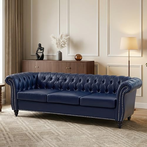 AVZEAR 84 Chesterfield Sofa Vintage 3-Seater PU Leather Couch, Mid-Century Modern Faux Leather Sofa Button Tufted Back with Rolled Arms, for Large Living Room, Apartment, Dark Blue