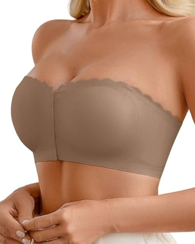Joligiao Reggiseno Senza Spalline Donna Senza Ferretto Reggiseni Invisibile Bra Push Up Fascia Senza Cuciture Chiusura Frontale Bandeau Bra Comodo Morbido Non Imbottito Brassiere Tops(Marrone,L)