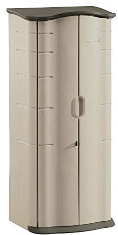 Rubbermaid Compact Vertical Resin Storage Shed With Floor (2 x 2.5 Ft), Weather Resistant, Beige/Brown, Organization for Home/Backyard/Garden Tools/Porch/Patio Cushions/Pool Chemicals/Toys
