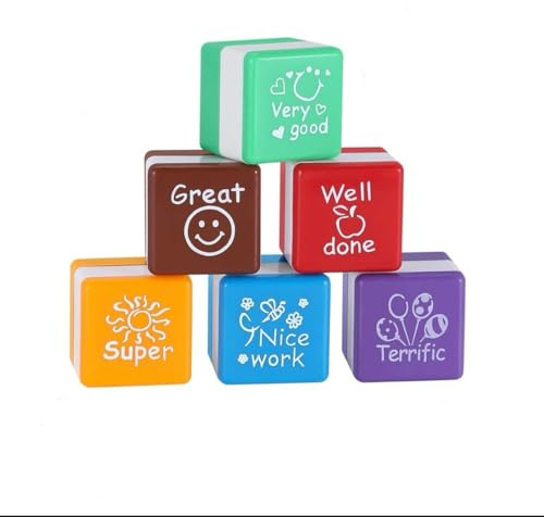 7STARS® Sellos Motivacion,Pack de 6, Tampones,Cuadrados, Profesores y Niños, Infantiles, En Ingles, Aprendizage, Regalo, Mini Stamps, Estimulación, Tinta, Goma, Color Rojo, Diversión