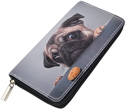 DonDon Geldbörse Damen mit Reißverschluss Portemonnaie Geldbeutel Damen Kinder Mädchen Muster Mops Hund mit Keks schwarz