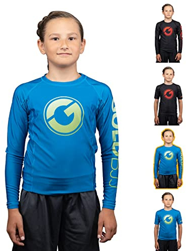 Gold BJJ Kids' Contender Rash Guard - Youth Boys and Girls Jiu Jitsu Rash Guards (Long Sleeve, Blue, M)
