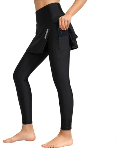WOSAWE Pantalon de Cyclisme Femme avec Jupe, Coussinet 3D Élastique Respirant Legging VTT (Long Noir, M)