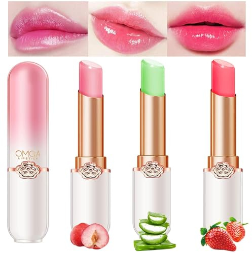 3 Packs Jelly Lipstick Set, Fruit Color Change Lip Balm Set, Peach Aloe Vera Strawberry Color Change Lip Balm, Long Lasting Moisturizer Lip Makeup Set (3PCS)