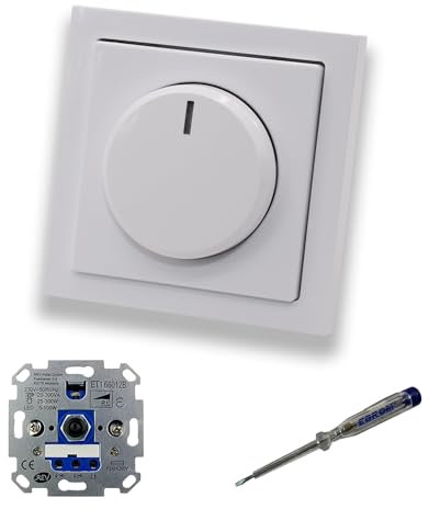 REV Ritter LED Drehdimmer LED-Dimmer mit Busch Jäger Dimmerscheibe Zentralplatte 6540-84-102 Einfachrahmen in Future Linear Studioweiß glänzend + EBROM Phasenprüfer z. Montage des Dimmers ET1 66012B