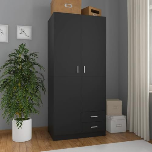 Willood Kleiderschrank Holzwerkstoff mit 2 Türen 2 Schubladen Garderobenschrank Garderobe Schrank Schlafzimmerschrank Schwarz 80x52x180 cm