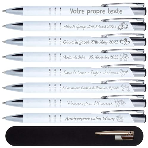 DECORS concept Stylo personnalisé en métal de haute qualité - Lot de 50 - Idéal comme cadeau personnalisé pour les invités lors de mariages, communions, anniversaires (Blanc)