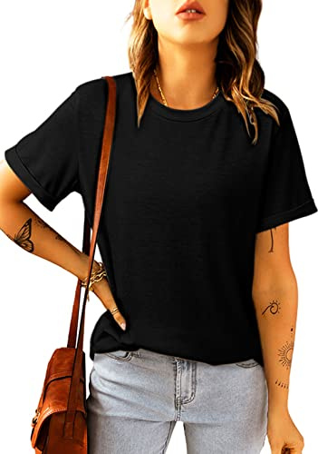 Suncife T-Shirts Basiques d'été décontractés à col Rond pour Femme, Noir, M