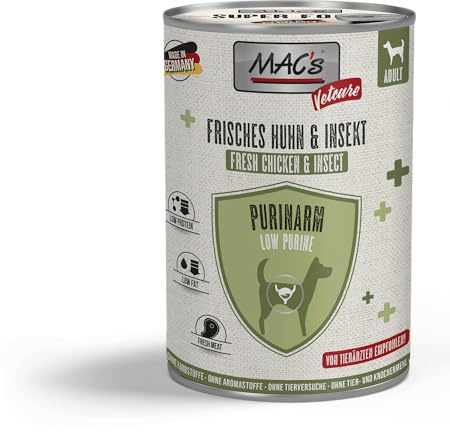 MACs Dog Vetcare - Pollo e insetto, 6 x 400 g, senza riempimento e additivi, carne di pollo magra e fresca, per cani con alti valori purinici
