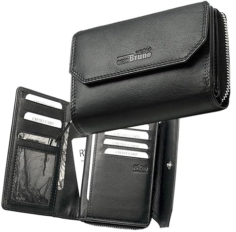 Damen Geldbörse schwarz groß Leder Geldbeutel mittelgroß Damengeldbörse viele Fächer Portemonnaie Portmonee Damen Echtleder