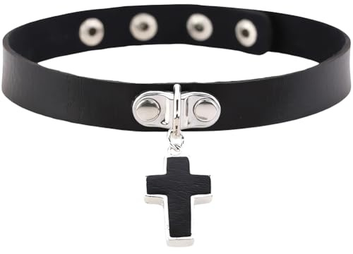 CALFOVERA Svart konstläder choker halsband för kvinnor, korshänge, justerbart läderhalsband, punk gotisk stil kedja, kort cirkulär halsband med nitar för smycken