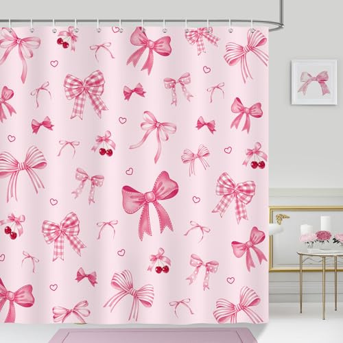 Bonhause Cortina de Ducha Lazo Rosa Cereza Estética Moderna Cortina de Baño de Poliéster Impermeable Antimoho Lavable Cortina Ducha 180 x 180 cm con 12 Ganchos