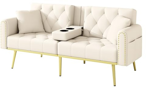 Azkoeesy Sofá Cama 2 plazas de 175 cm con 2 portavasos Plegables, 2 Almohadas, Patas de Metal Dorado/Remache, Respaldo Regulable, para salón, Tela de Terciopelo, Color Beige