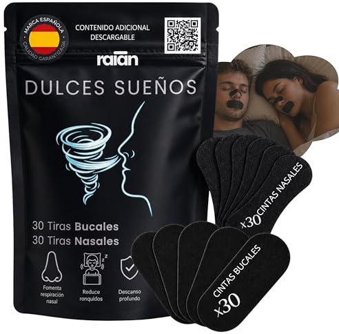 RAIAN Pack Tiras Nasales y Bucales para Dormir PREMIUM, 30 Tiras Nasales + 30 Cintas Bucales Mouth Tape, Ayuda a Respirar Mejor por la Nariz, Boca Cerrada, Reduce Ronquidos, 30 Noches con Guía QR