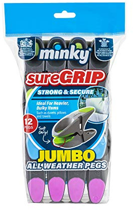 12 Minky Sure Grip Jumbo Clothes Pegs. Extra Large and Weather Resistant. For duvets, sheets and heavy bulky item drying