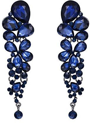 EVER FAITH Boucles d'Oreilles Pendant Clip Femme Multi Goutte d'Eau Non Percé Cristal Strass Bijou Mariage Diamenté Cadeau Fond Noir Bleu
