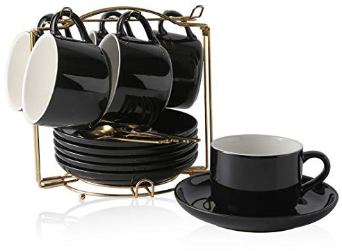 CHILDIKE 8oz Cappuccino Cups Set of 6, Ceramic Coffee Cups and Saucers Set with Spoons, Black Durable Coffee Cups for Cappuccino Espresso Latte Mocha Au Lait Macchiato Cafe