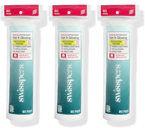 Swisspers Premium Exfoliating Cotton Rounds – 80 Count (Pack of 3) – 100% Pure Cotton, Dual-Sided Surface Pads for Gentle Exfoliation, Optimal Cleansing and Makeup Removal