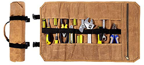 Werkzeugtasche, strapazierfähiges, gewachstes Segeltuch, Werkzeug-Rolltasche, Werkzeug-Organizer, (L) 63.5CM x (H) 36.5CM Khaki