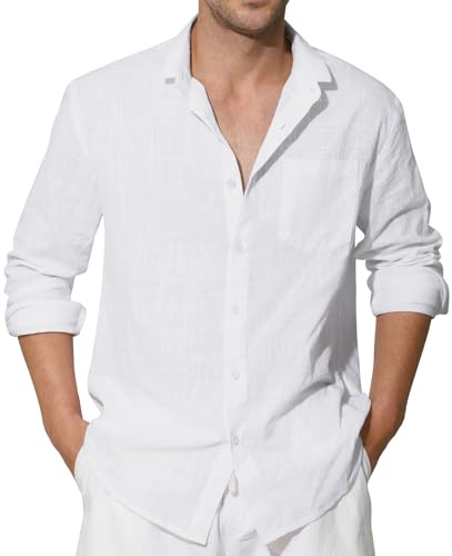 Enlision Mens White Linen Shirts Long Sleeve Shirt Casual Cotton Henley Shirts Button Down Beach Summer Shirt Business Holiday with Pocket M
