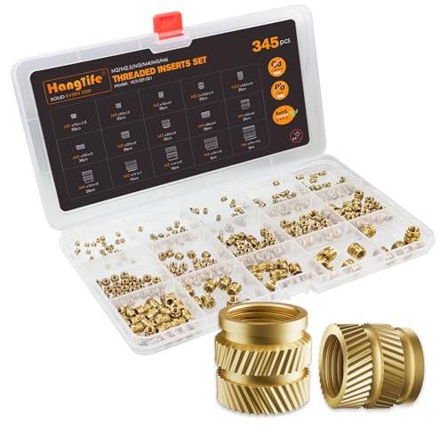 HANGLIFE Insertos Roscados de Ajuste Térmico, Insertos de Tuercas M2 M2.5 M3 M4 M5 M6 (345 Piezas) para Componentes de Impresión 3D y Piezas de Plástico - Tuercas Moleteadas Métricas de Latón