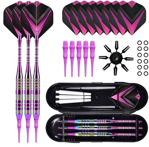 Recitem 3/6 Pieces Darts with Plastic Tip, Soft Darts Set, 21 g Professional Soft Darts with Additional Dart Tips, Rubber Rings, Flights, Waves for Electronic Dartboard (3 Purple)