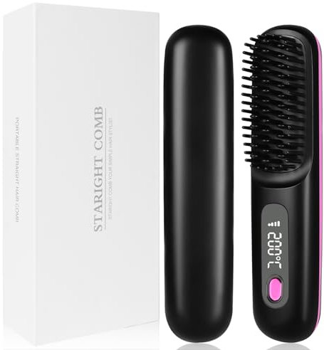 LOPHE Glättbürste Kabellos,Tragbare Mini Glätteisen Haarglättungsbürste mit LED-Bildschirm 3-Stufen Temperatur Wiederaufladbar Straightener Brush für Haar und Das Styling Von Bart,Schwarz