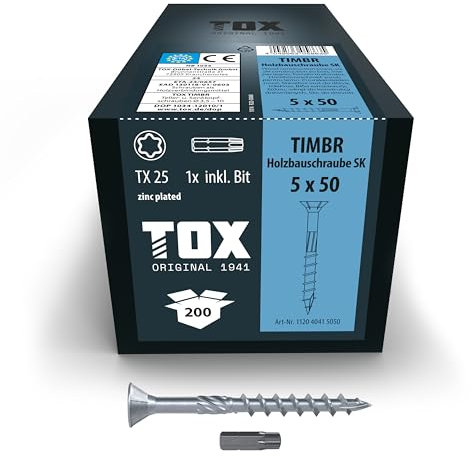 TOX Holzbauschrauben TIMBR SK 5,0 x 50 mm, blau verzinkt mit Senkkopf, TX25, Schrauben für leichtes Eindrehen und bündige Montagen im Holzbau, 200 Stück im Karton, inkl. 1x Bit, 112040415050