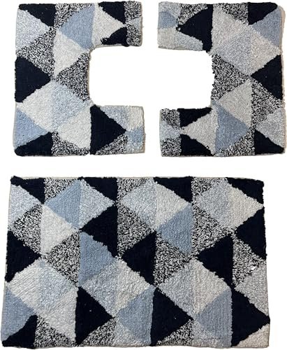 HOME ZEN HOUSEHOLD LINEN Set di tappeti da bagno MARGOT, 3 pezzi, 100% cotone idrofilo superassorbente, 1 tappetino 47x78 cm + 2 tappetini 47x38 cm scendi bidet e scendi water (BLU)