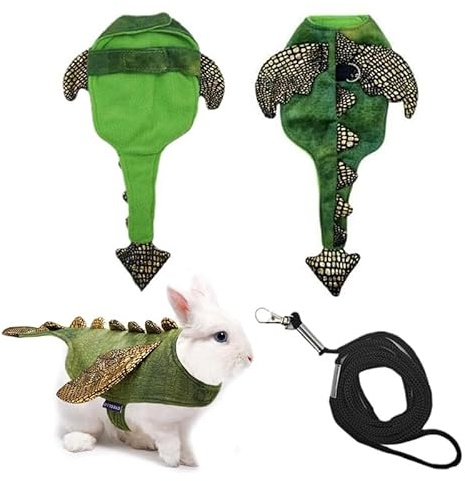 CQJ Set di Imbracatura e Guinzaglio per Conigli, Costume di Halloween per Conigli Regolabile, Imbracatura con Guinzaglio per Piccoli Animali Dinosauro per Conigli (Grande)