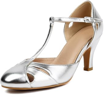 elerhythm, scarpe Mary Jane da donna, vintage, con cinturino alla caviglia, punta chiusa, tacco Gatsby, retrò anni 1950, pumps anni 1920, scarpe vittoriane, argento, 41 EU