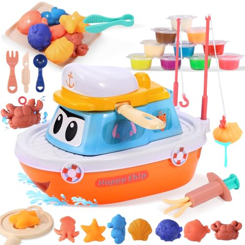 VBACALA Set Plastilina per Bambini,Set da Gioco Pesca 45 Pezzi Accessori con 10 Colori Pasta Modellabile,Giochi Plastilina Bambini per Bambini 3+ Anni